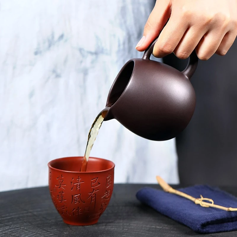 宜兴原矿紫砂公道杯纯全手工百目紫茄泥有把O杯名家分茶器龙蛋公