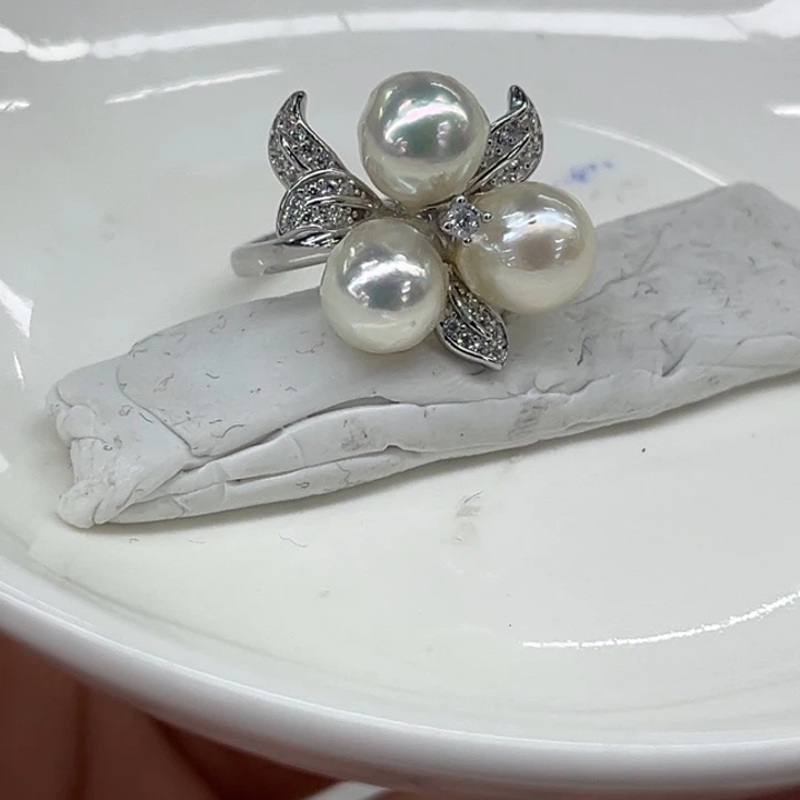 银S925镶嵌戒指海水珍珠7-8mm