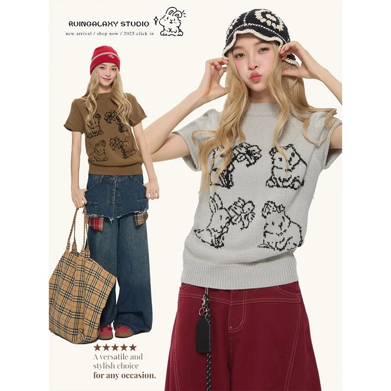 RuinGalaxy兔子提花短袖针织上衣夏季显瘦设计感简约短袖T恤女