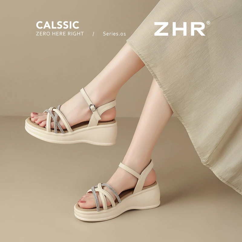 ZHR/则则厚底坡跟一字带凉鞋女夏季爆款时尚沙滩仙女露趾水钻凉鞋