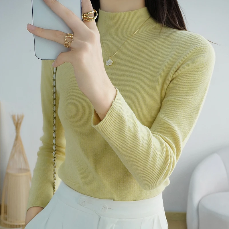 抽条半高领落肩袖慵懒风秋日穿搭秋冬季女水洗毛针织衫D0001