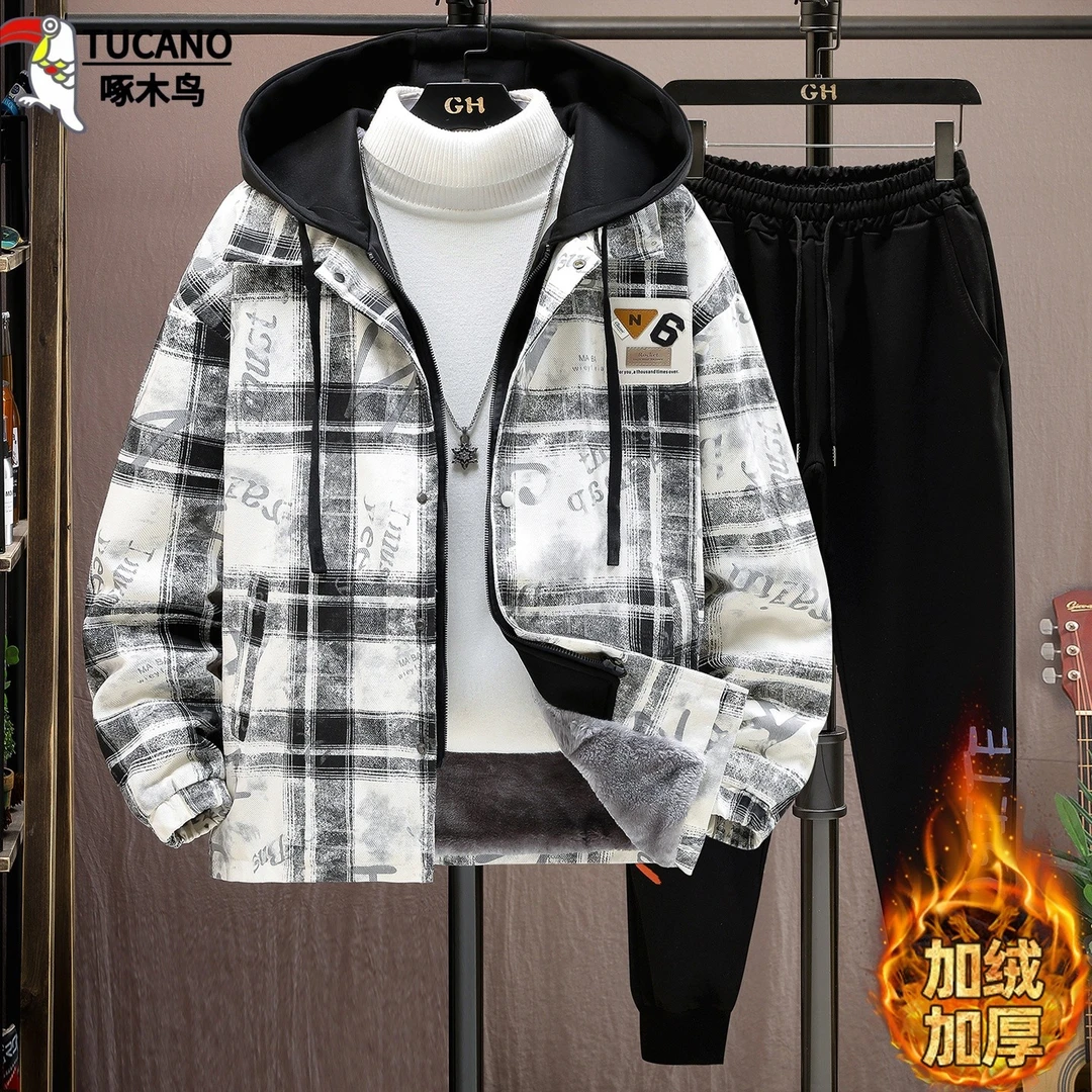 啄木鸟冬季连帽假两件格子加绒加厚牛仔夹克套装青少年保暖两痞帅
