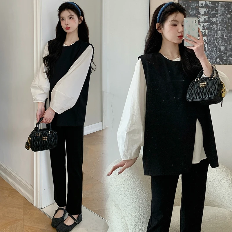 时尚孕妇秋装套装新款潮妈宽松外穿打底衫马甲上衣两件套裤子套装