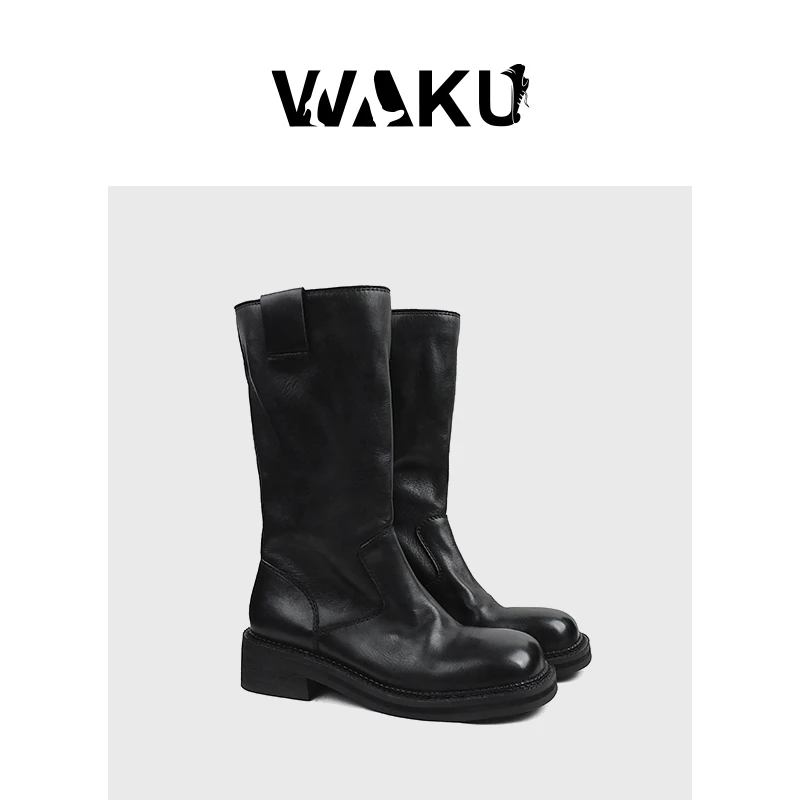 马皮洗水极简中筒骑士靴套穿直入一脚圆头蹬时装靴