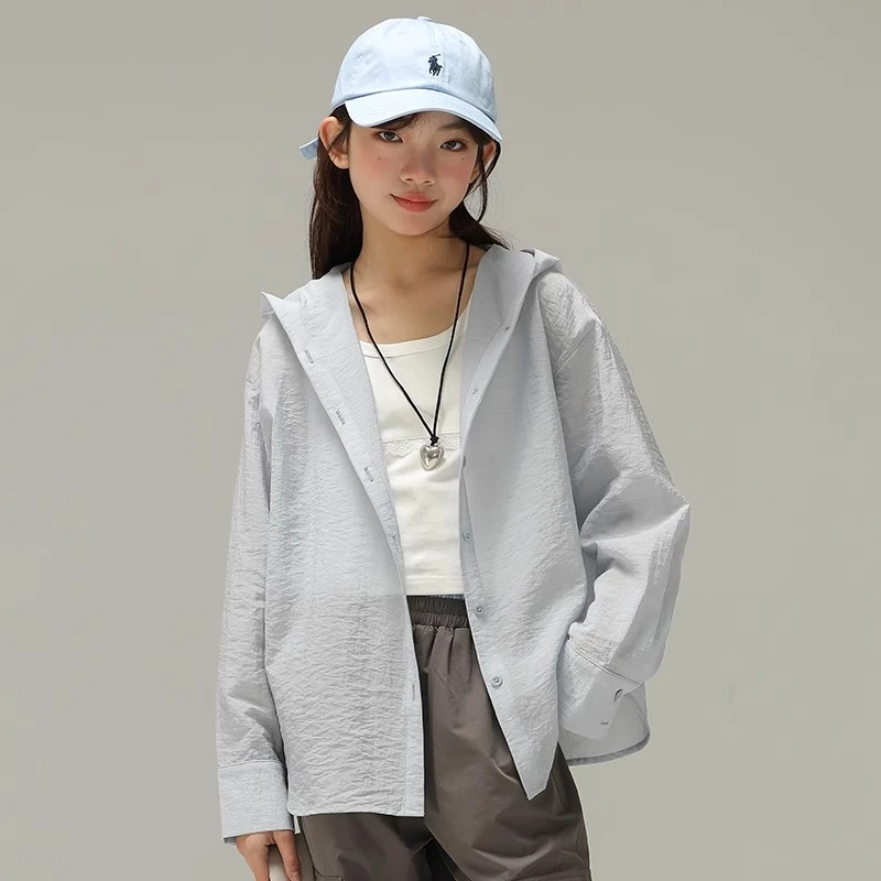 小女森女童夏季防晒衫浅蓝薄款长袖衬衫儿童简约休闲空调衫上衣女