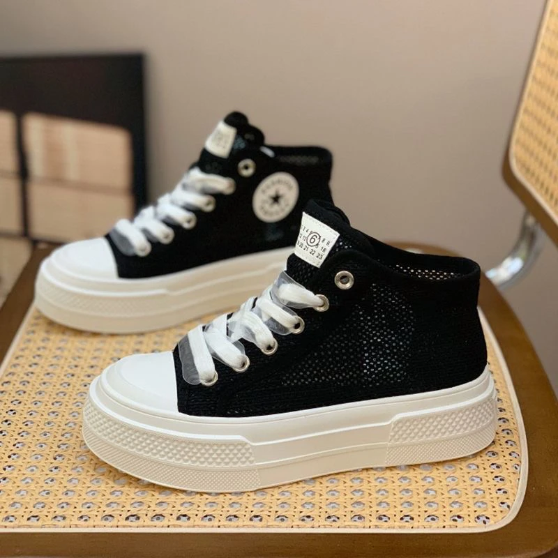 厚底网面透气高帮小白鞋女2025夏新款软底百搭轻便休闲板鞋ins潮