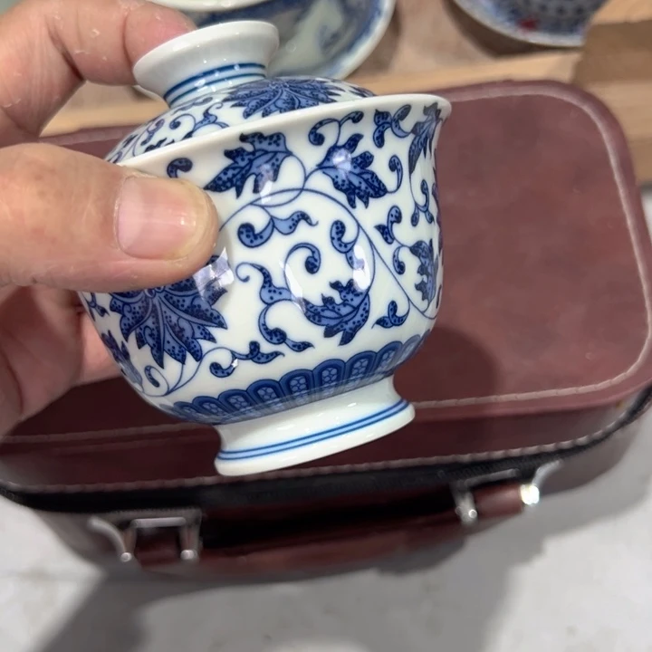 瓷片白青花缠枝莲云池盖碗全