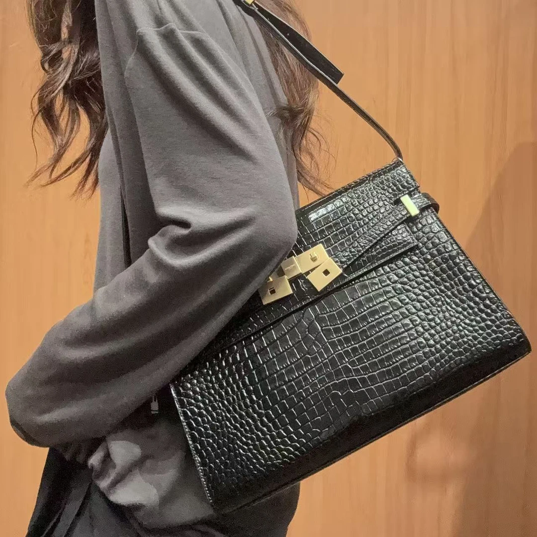 95新 YSL/圣罗兰 【蕾】 68 0993 黑色压鳄曼哈顿包