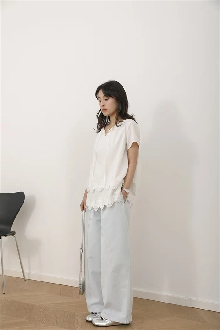 XIANGHANG-[慵懒日记]2025初夏甜美蕾丝花边短袖T恤LJ-FC14