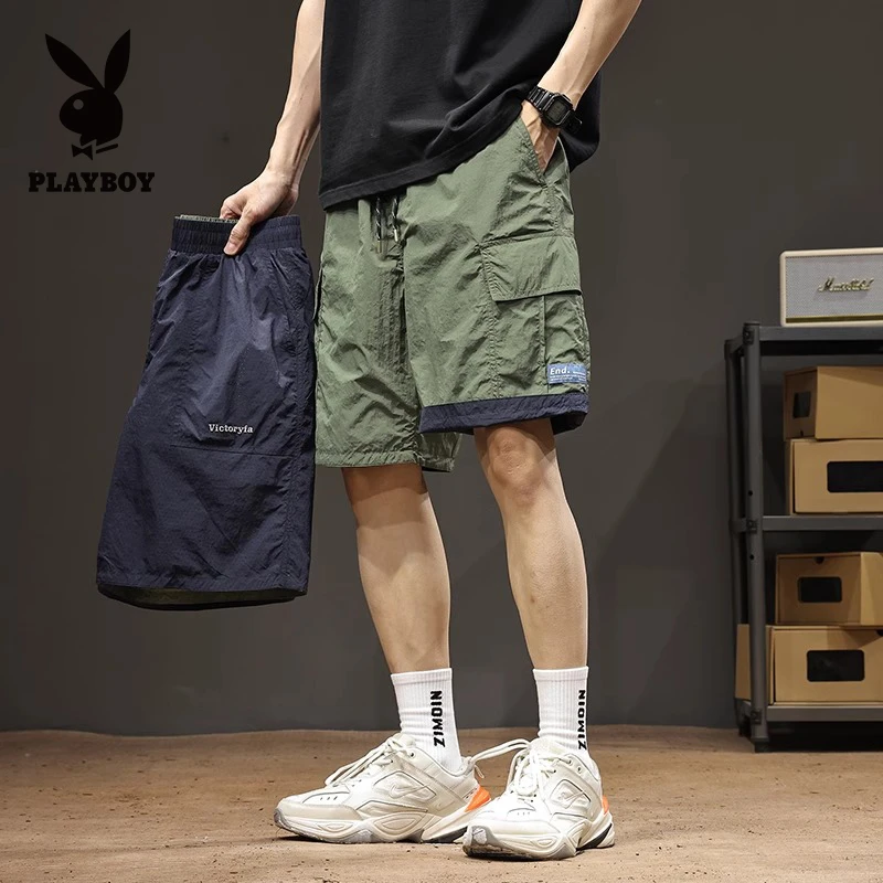 花花公子双面穿五分短裤夏季新款运动休闲薄款速干五分裤男士潮牌