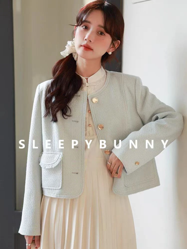 蓝色小香风圆领短外套女春秋新款韩系气质时尚百搭修身小个子上衣