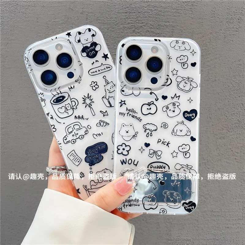 涂鸦猫狗镜面支架适用苹果16新款手机壳华为个性vivo情侣小米oppo