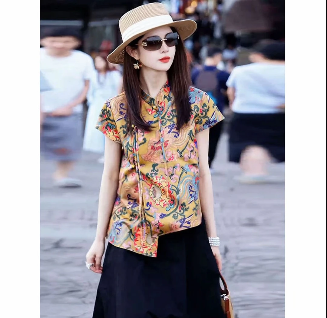 【锦菡】夏季2025新款上衣小衫女装新中式国风立领提花气质飞袖衬衫