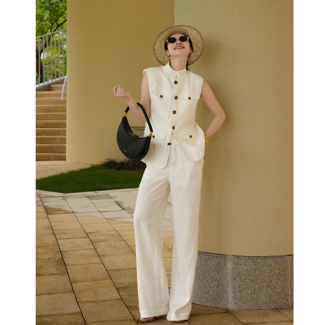 老钱风松弛感白色纯亚麻套装女高端时尚设计感无袖上衣长裤两件套