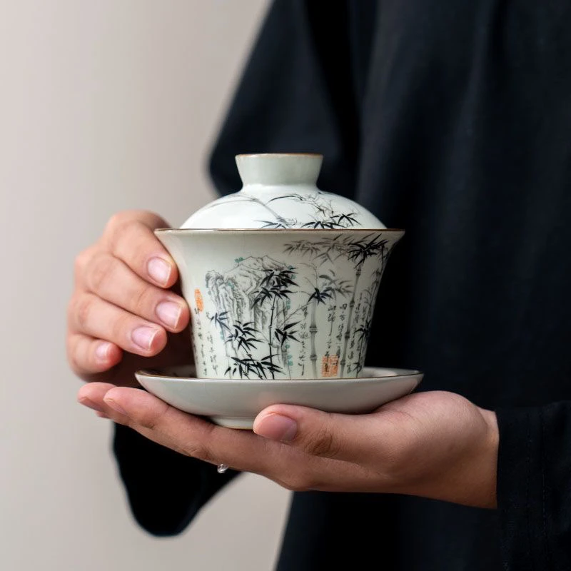 汝窑三才茶碗功夫茶具防烫新款轻奢中式中国风泡茶盖碗A10775