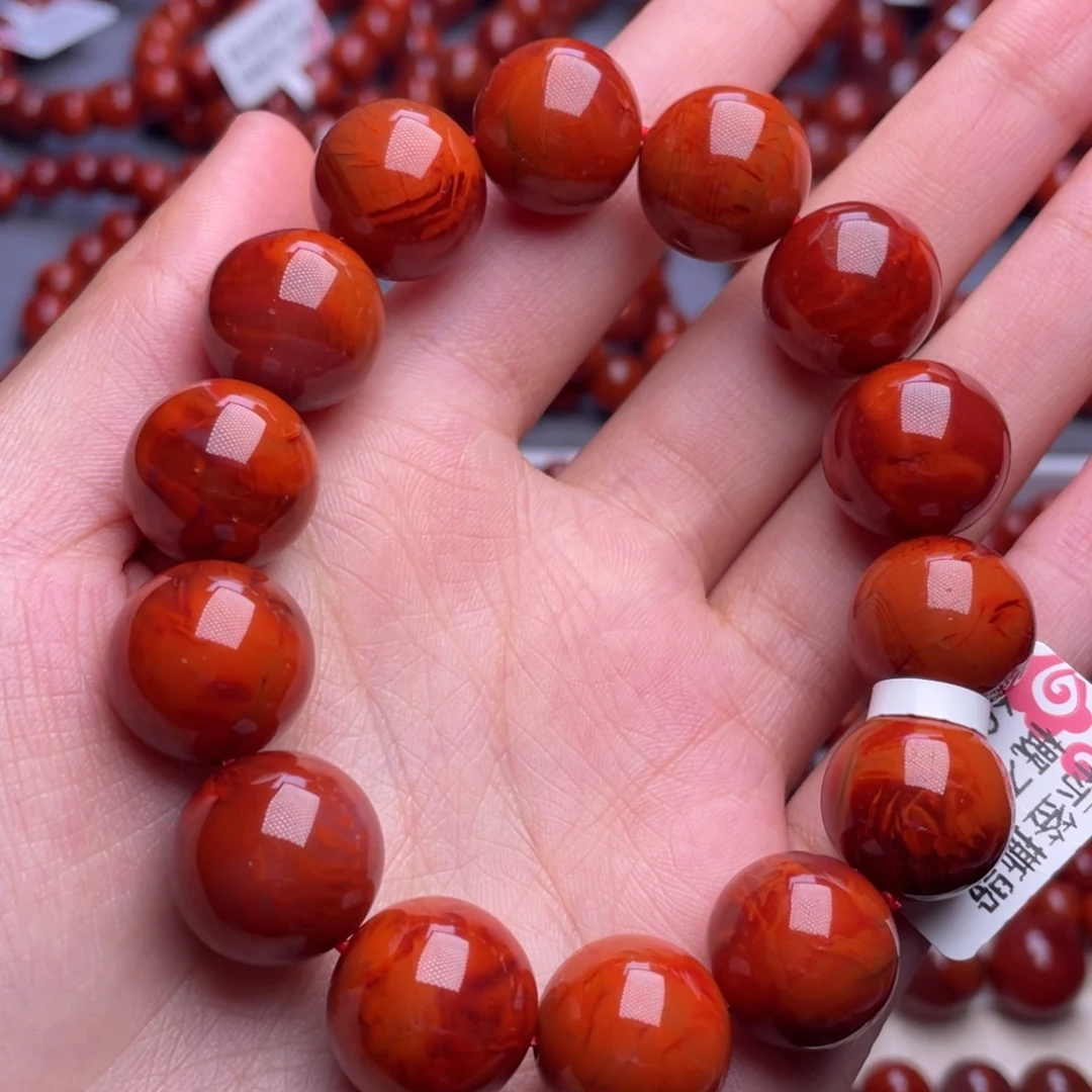 南红玛瑙未镶嵌其他15mm高品瓦西火焰纹满肉圆珠手串