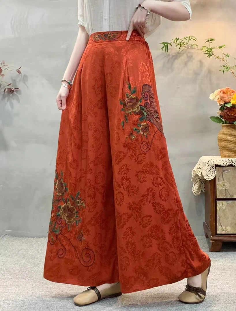 【花间逸】夏季复古民族风重工刺绣阔腿裤中高腰缎面提花松紧腰长裤