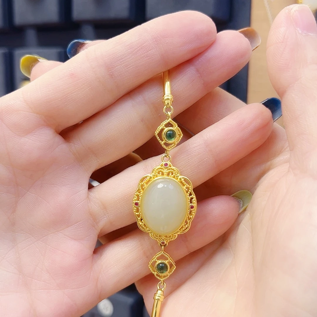 和田玉银S925镀金镶嵌手链