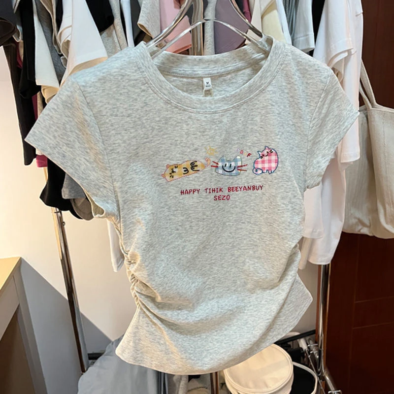 女童夏装短袖T恤2025夏季新款中大儿童洋气休闲褶皱卡通印花上衣