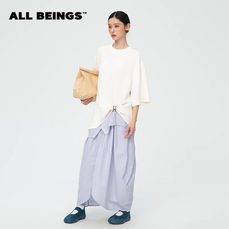 ALL BEINGS25春夏设计师新款空气棉蓝条拼接解构宽松设计感连衣裙