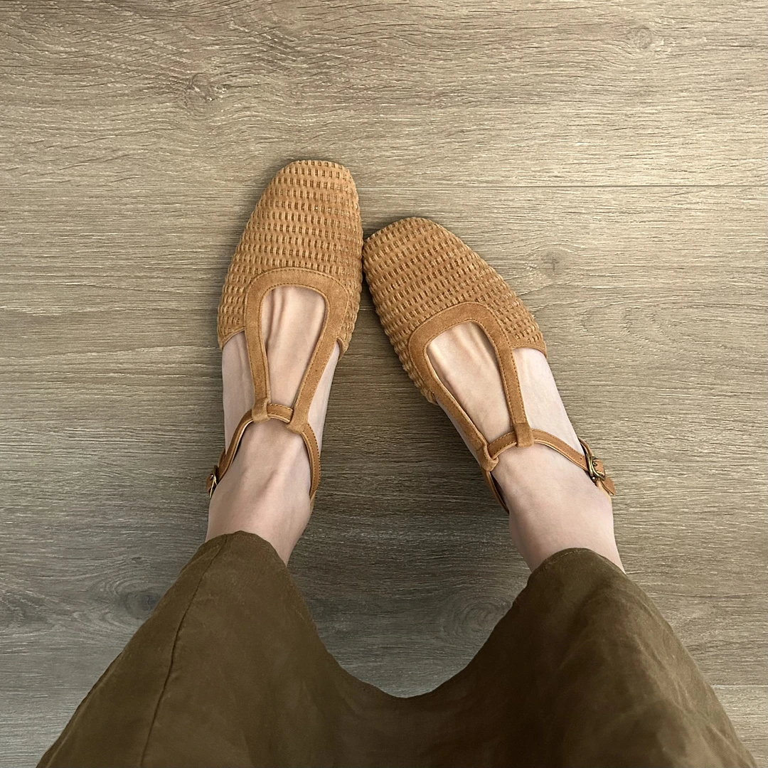 Dannyfrey复古编织方头度假风女中空一字扣带粗跟真皮单鞋2.5CM
