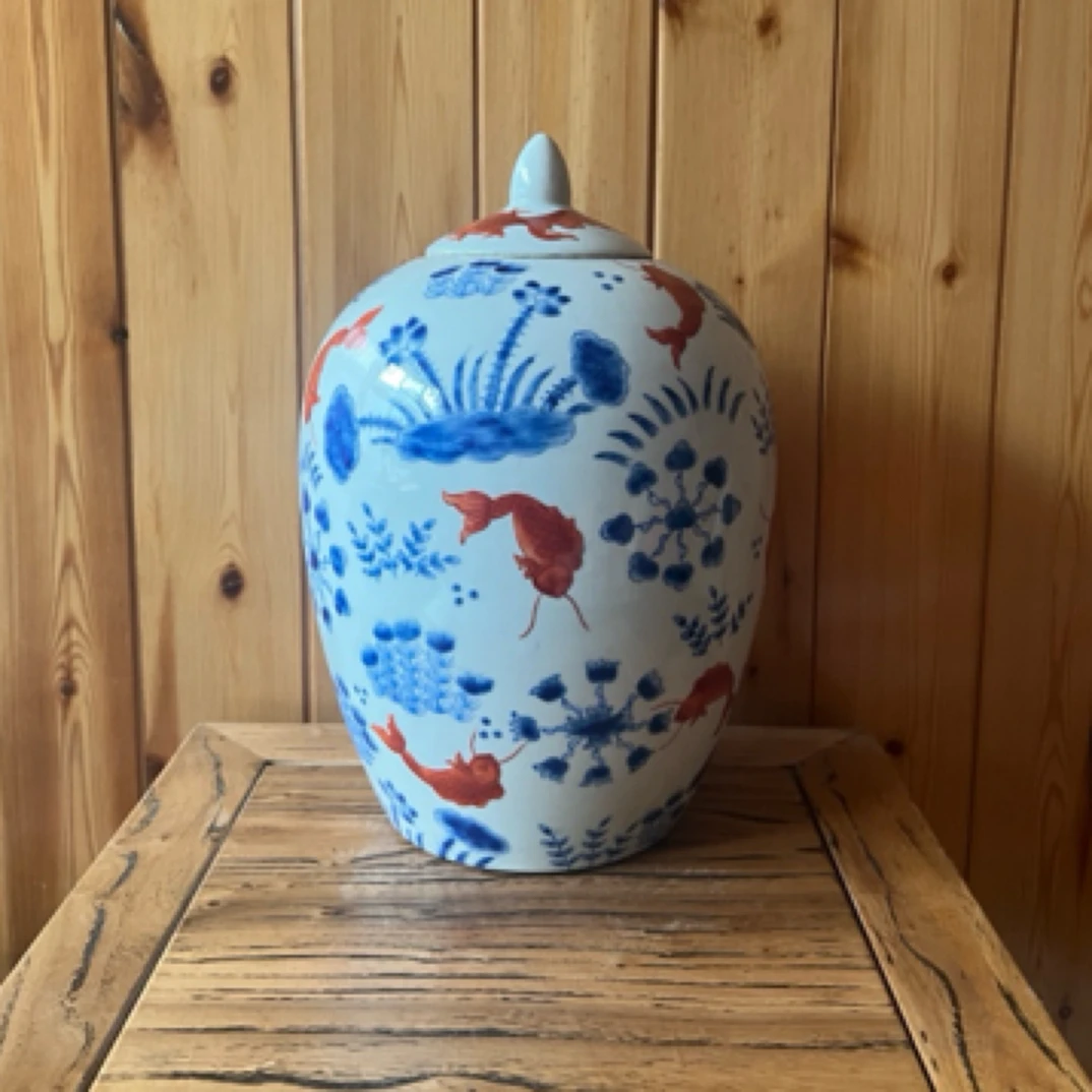 手绘鱼藻纹茶叶罐手绘粉彩摆件老厂瓷器玄关观赏罐