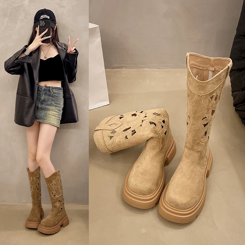 2025秋新款西部牛仔靴骑士靴复古爆款厚底增高小个子时装长筒靴女