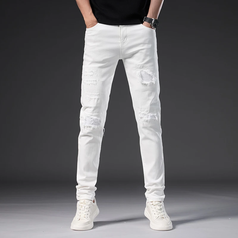 MR.25高端白色破洞褶皱补丁牛仔裤欧货秋季潮牌修身小脚休闲长裤