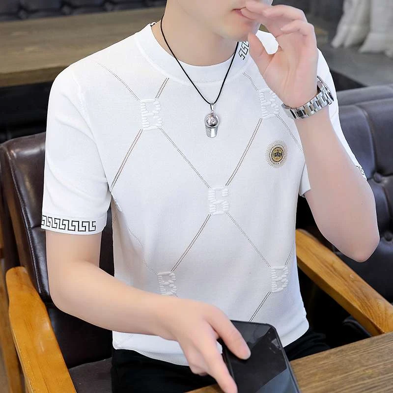 高端刺绣冰丝T恤男夏季薄款修身潮牌针织圆领男士白色短袖上衣帅