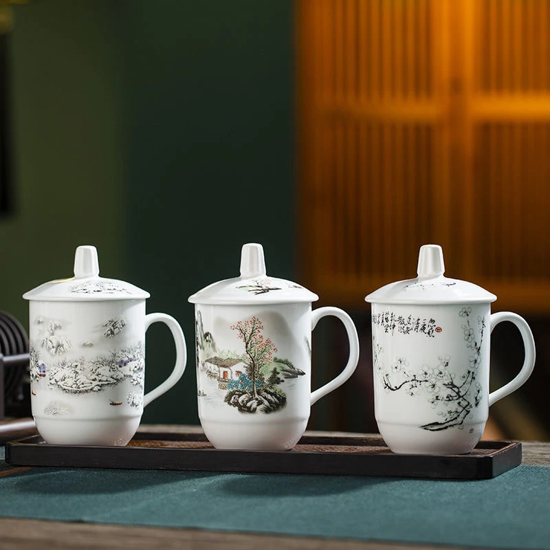 景德镇陶瓷茶水杯创意家用喝水杯酒店会议杯办公室泡茶杯带盖