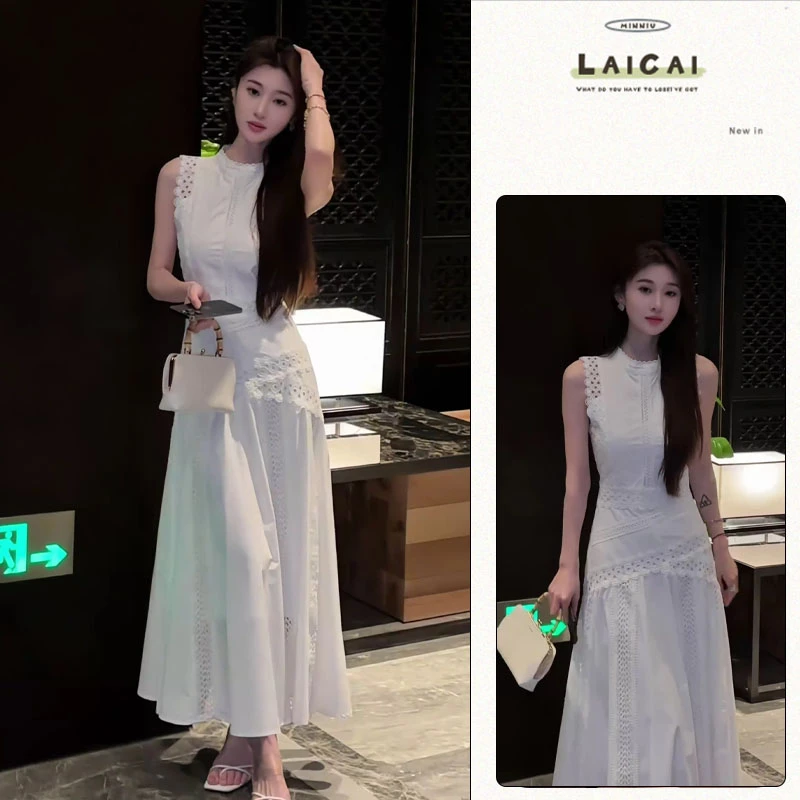 法式镂空连衣裙2025夏季新款小众设计感蕾丝拼接收腰波西米亚长裙