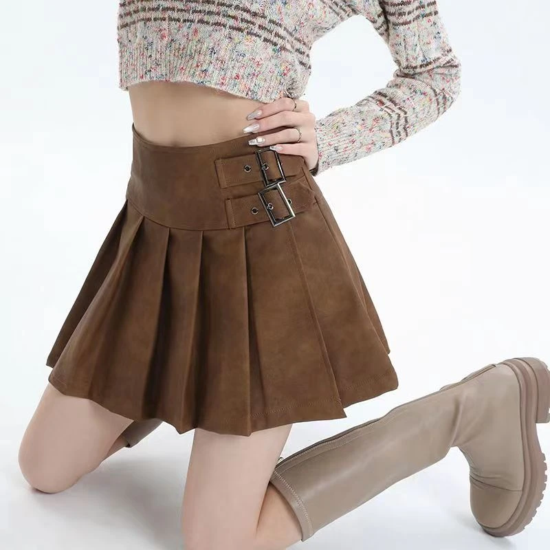 大码皮裙半身裙百褶2025短裙百褶裙秋冬新款高腰显瘦辣妹pu美拉德