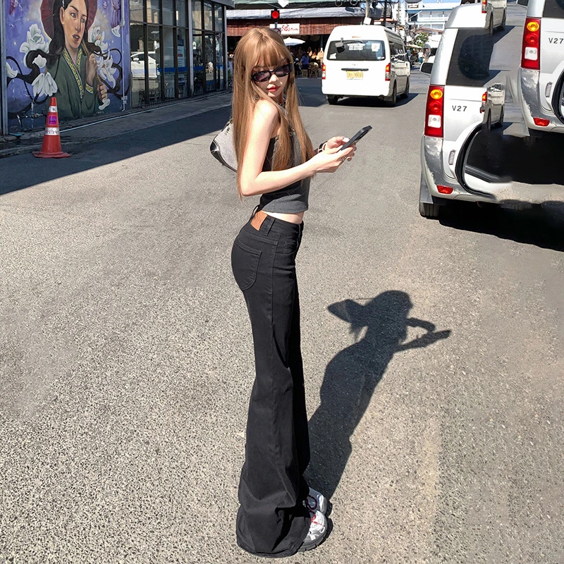 夏季白色黑色美式复古辣妹低腰阔腿裤微喇微弹百搭显瘦喇叭裤女
