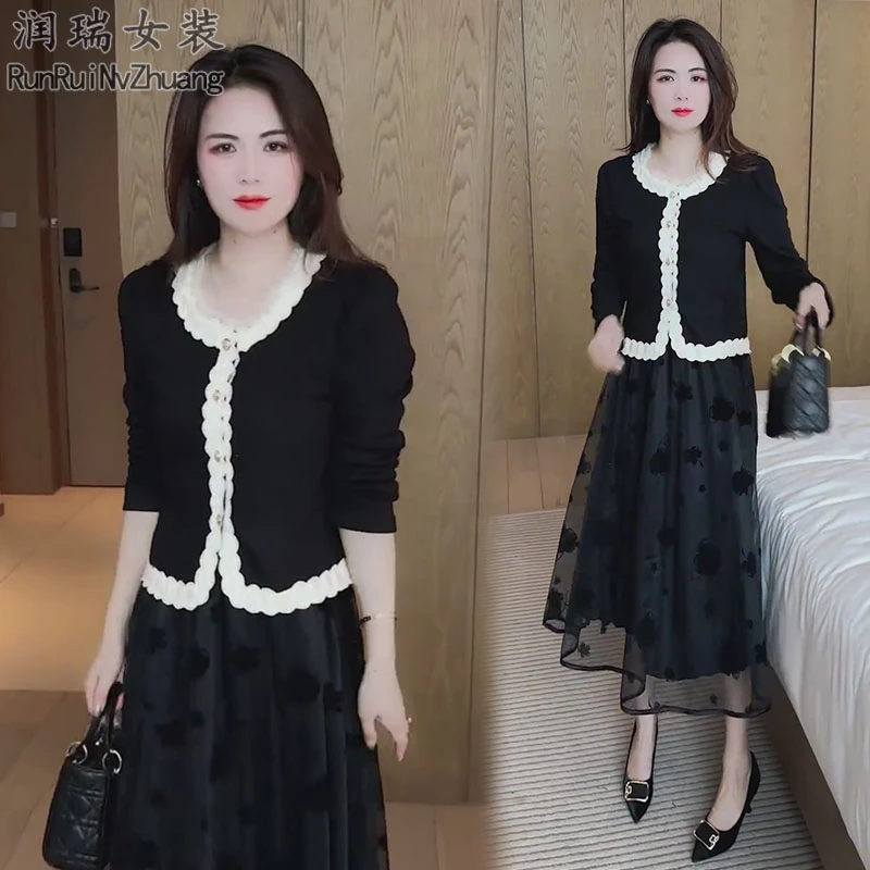 轻熟风极简风时尚套装女2025秋季新款花边长袖网纱半身裙两件套潮