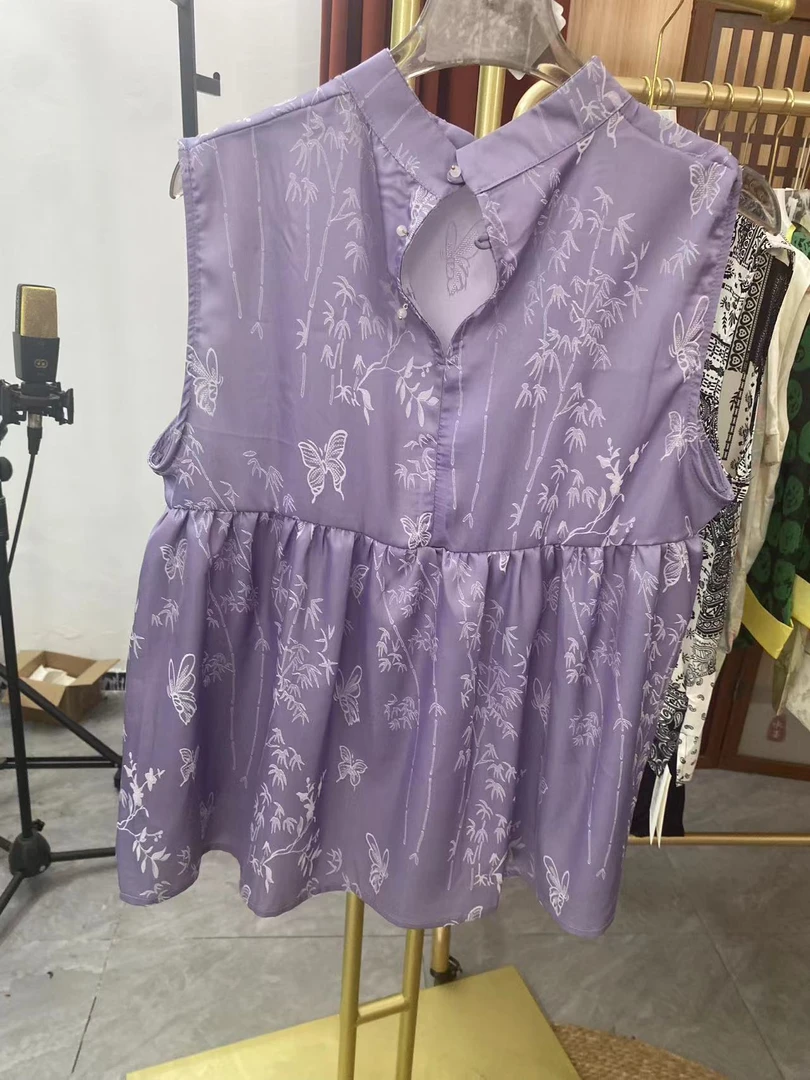 0127时尚百搭无袖百褶下摆蝴蝶碎花衬衫