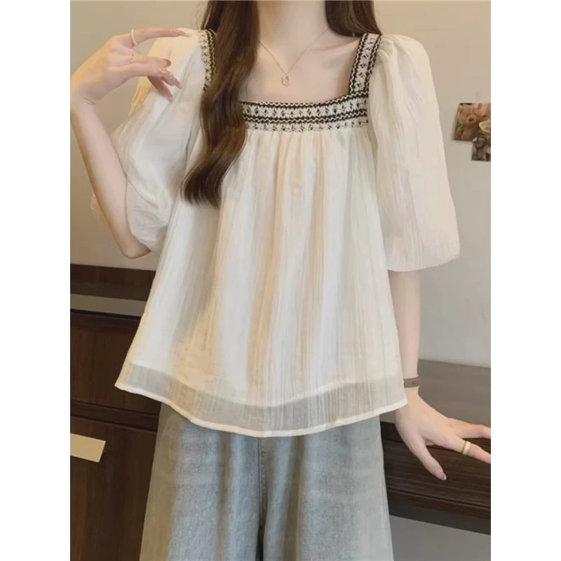 设计感撞色方领雪纺小衫女夏季大码胖mm气质减龄宽松显瘦别致上衣