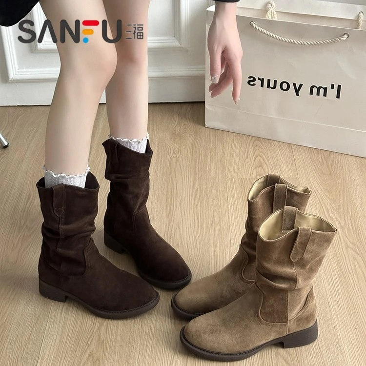 三福真皮美拉德靴子短靴女2025新款复古马丁靴女款春秋单靴堆堆靴