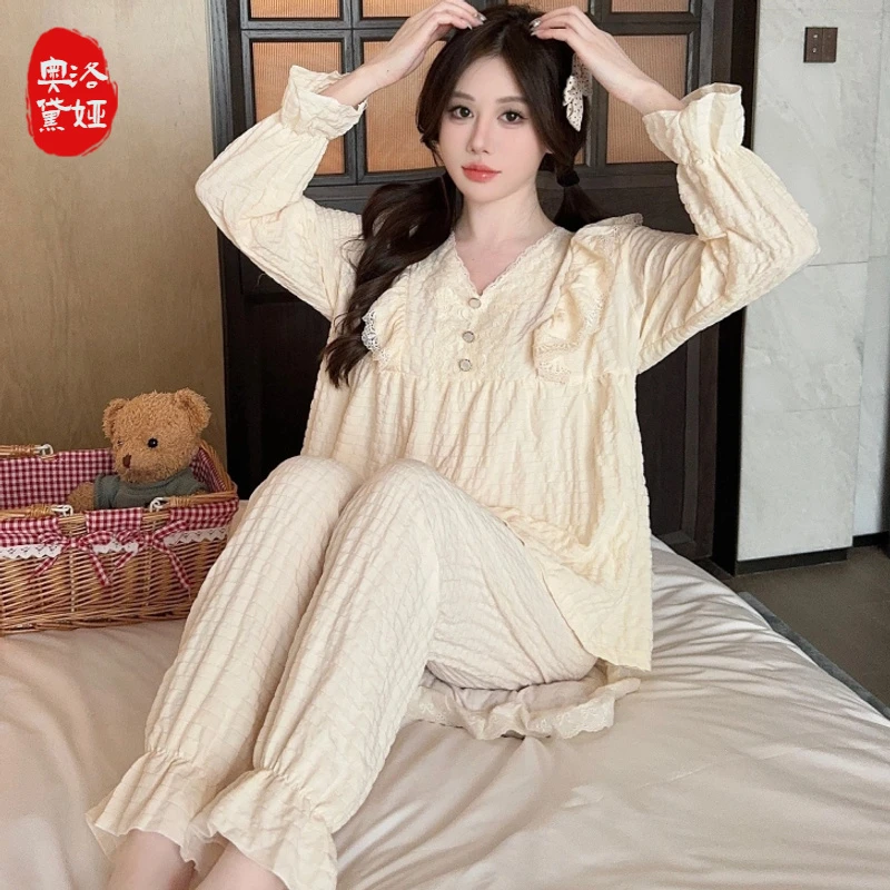 新款睡衣女春秋季宽松长袖网红长裤大码两件套甜美套装夏天家居服