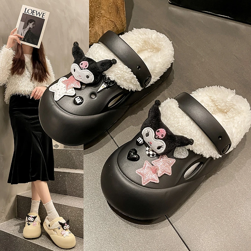厚底洞洞鞋女秋冬季棉鞋2024新款外穿增高婚纱神器保暖加绒棉拖鞋