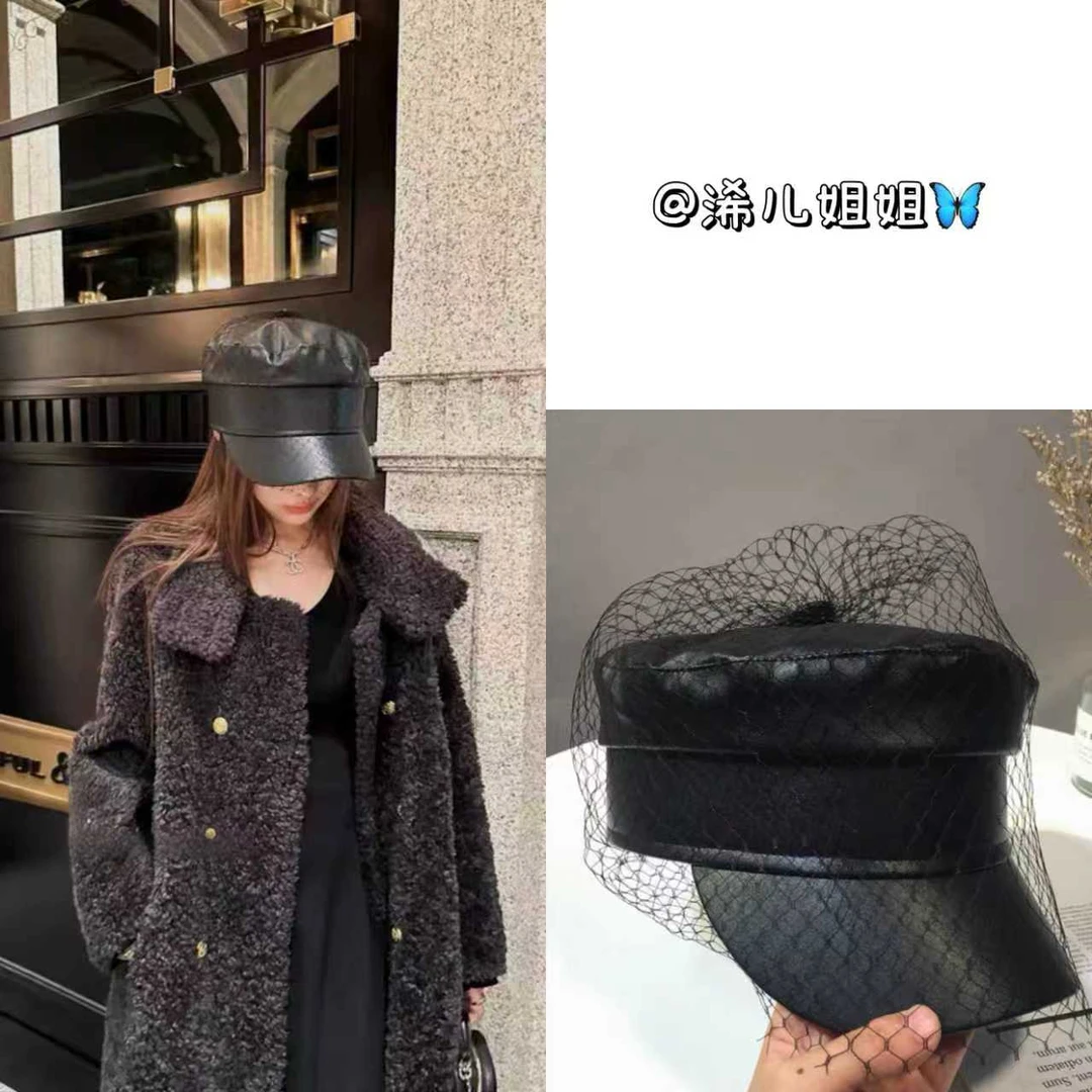新款PU皮质报童帽百搭网纱八角帽时尚英伦平顶帽法式名媛风海军帽