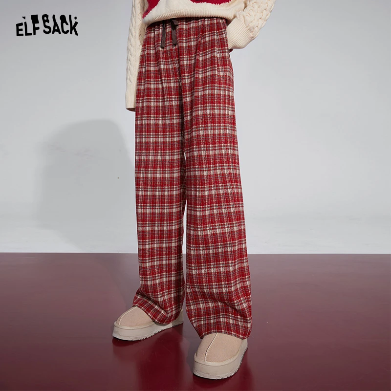 妖精的口袋 霓虹花园 红色宽松格子休闲裤女新年冬季新款长裤圣诞