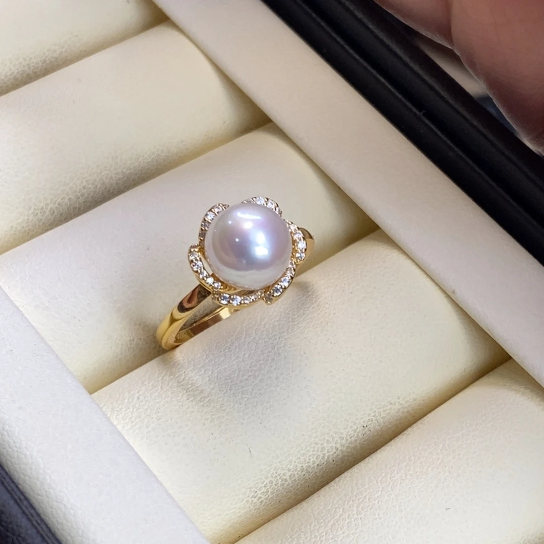 大****淡水珍珠戒指银S925镀金镶嵌