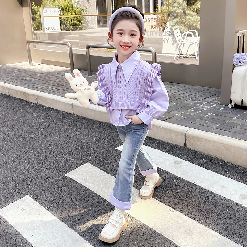 女童春秋装纯色马甲三件套2025新款牛仔裤套装小女孩秋季韩版衣服