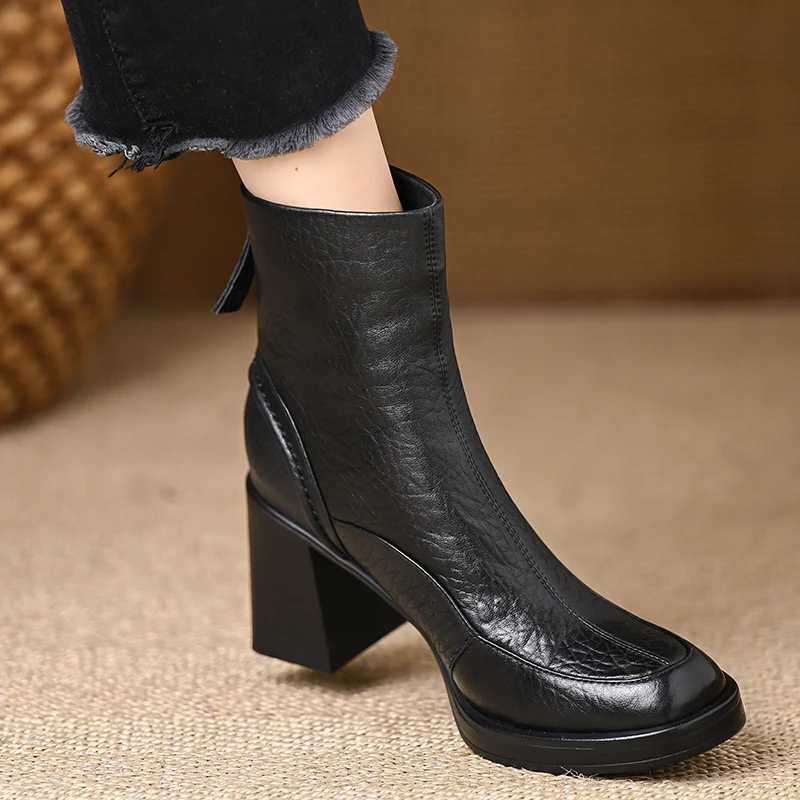 7.5厘米复古圆头粗跟短靴女秋冬软羊皮靴子防水台高跟短筒马丁靴