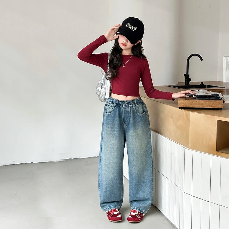 女童春秋装牛仔裤2025新款大童秋季阔腿裤儿童直筒长裤子喇叭宽松