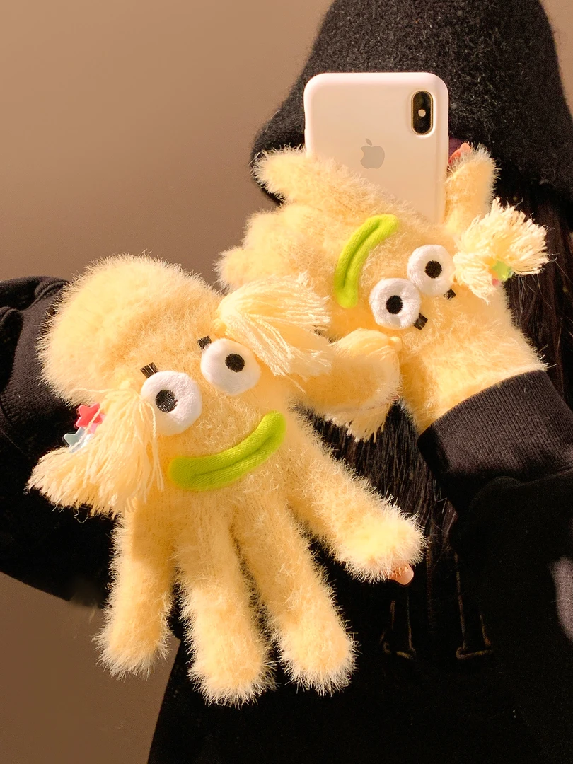 可爱搞怪大眼仔毛绒分指手套女加厚保暖防风骑行露可触屏学生冬季