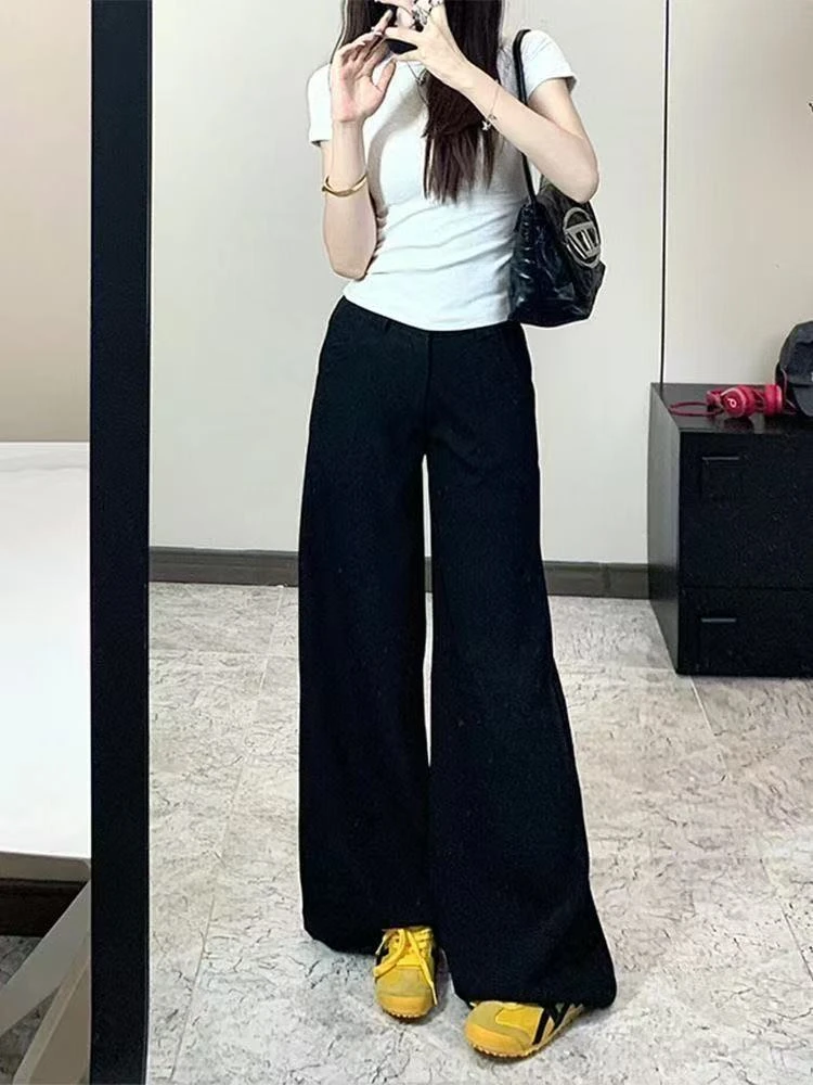 黑色微喇不贴腿牛仔裤女2025春季新款高腰阔腿垂感宽松显瘦拖地裤