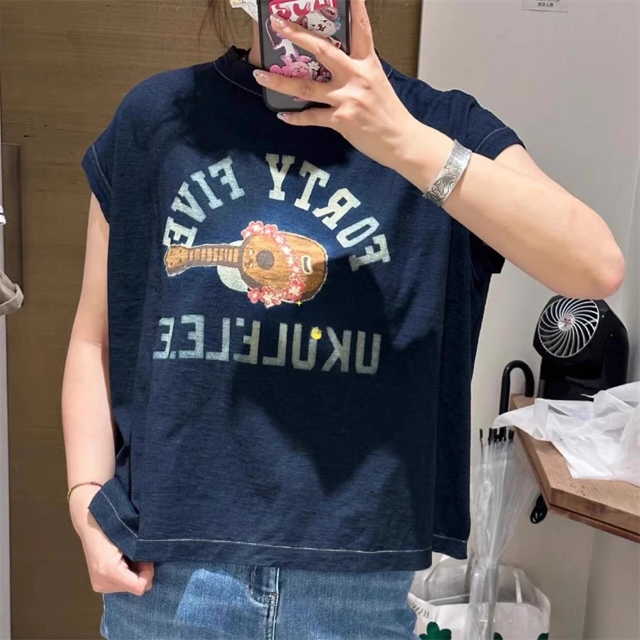 【尤克里里】文艺双色印花无袖T恤女夏季休闲宽松百搭气质蝙蝠袖