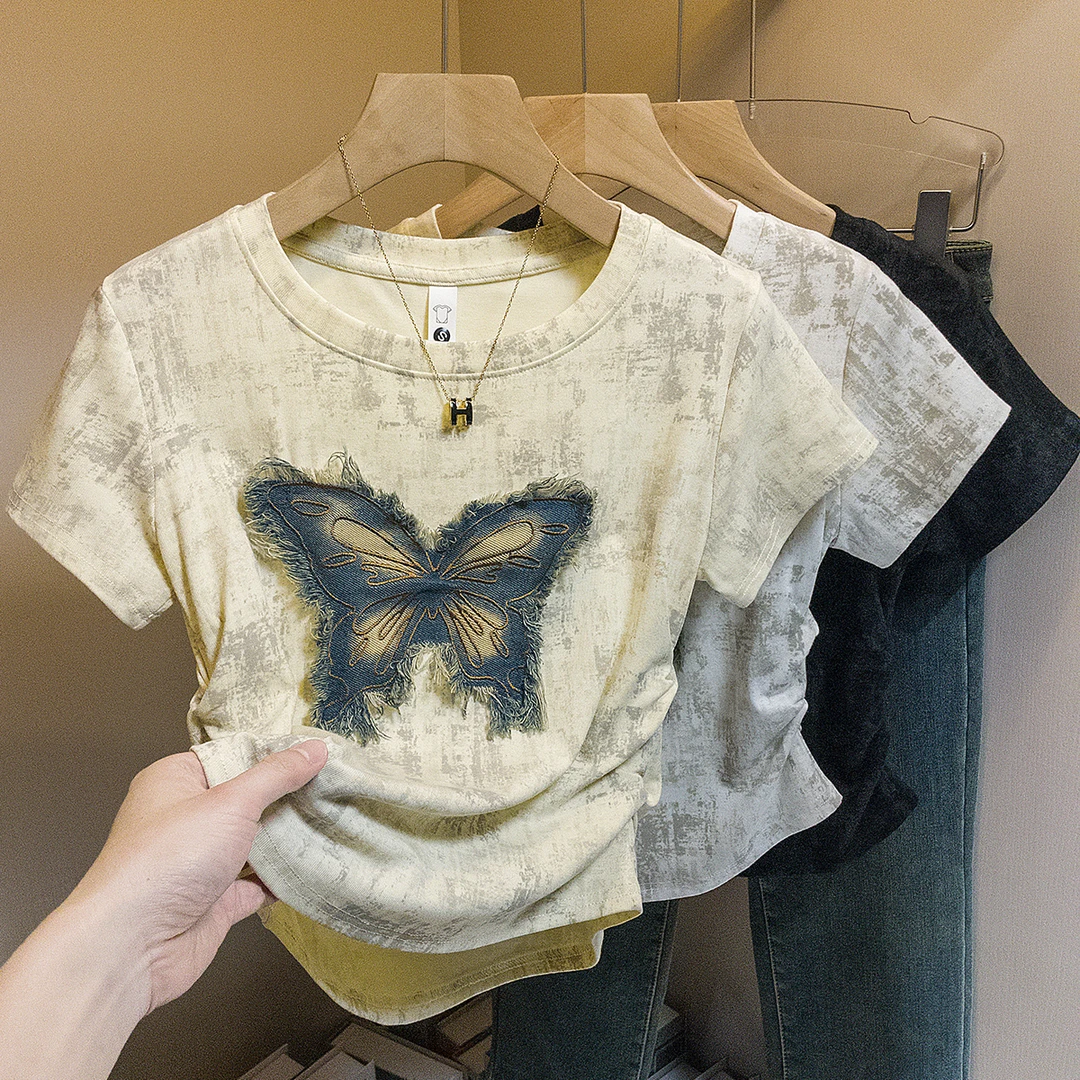 yoewshean/羽媗夏季微胖mm大码女装牛仔蝴蝶扎染短袖t恤显瘦上衣