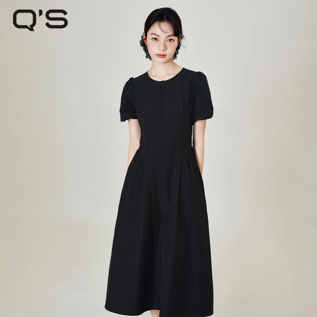 秸熙夏季新款纯色气质收腰连衣裙泡泡袖显瘦A摆小黑裙5XB645